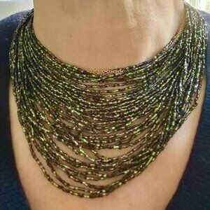 Vintage Glass Beaded choker necklace multi strand Dark greens / earth cocktail